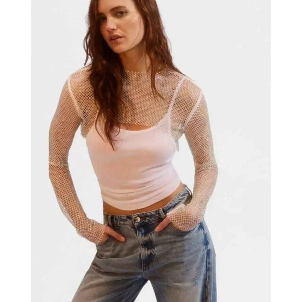 NWOT OS Free People Siren Mesh bolero top XS/S/M white cropped jewel shirt sheer